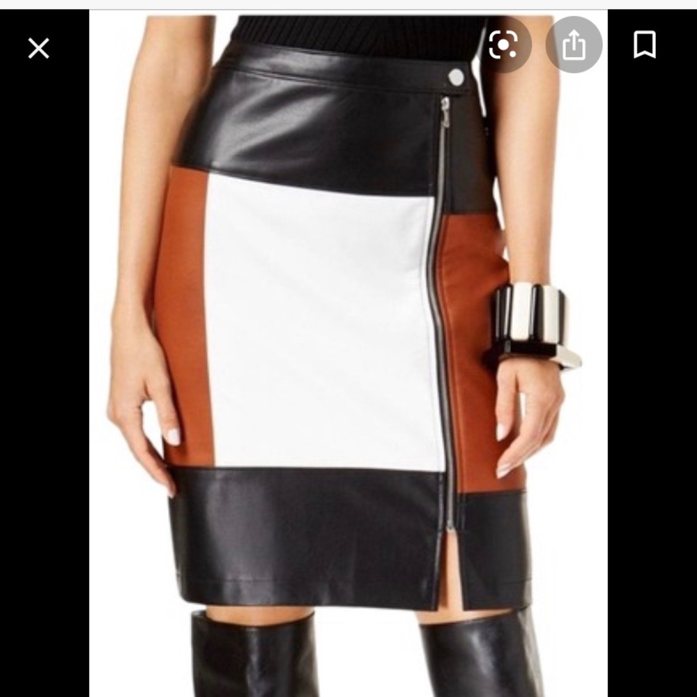 INC International Concepts Colorblock Faux Leather Skirt in Black, White, Brown